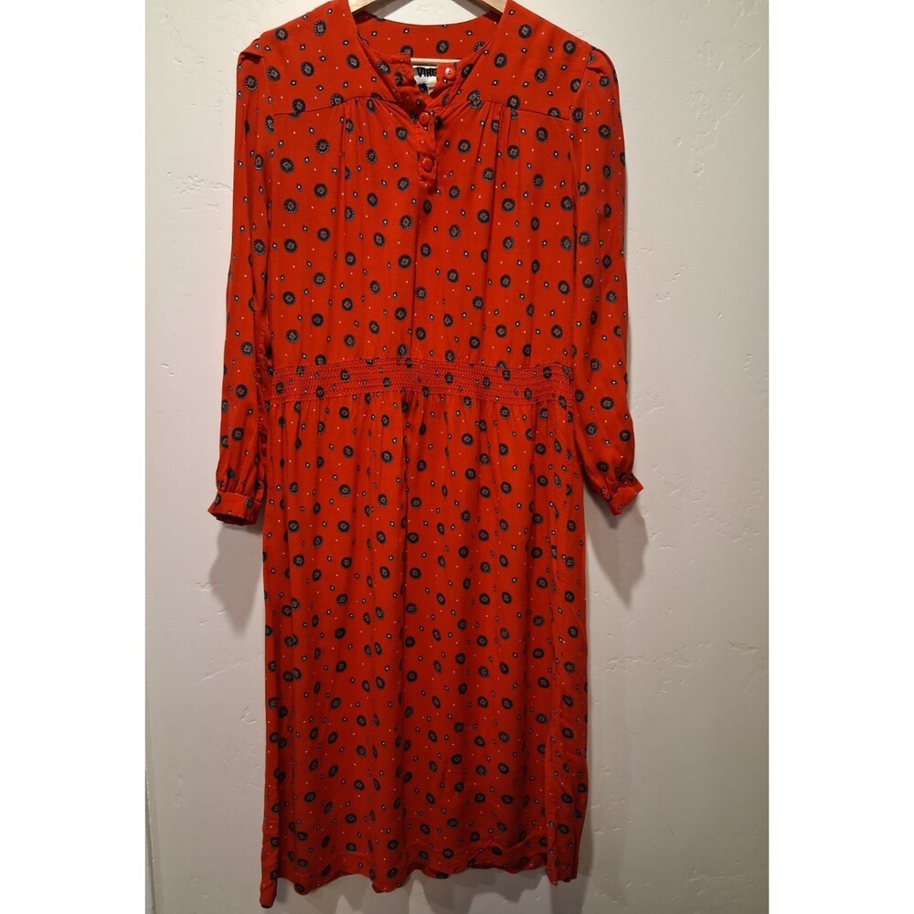 Wmn VTG 80s Red Gold Geometric L/S Dress Sz 10 Tomato Girl Mod Disco Retro Party